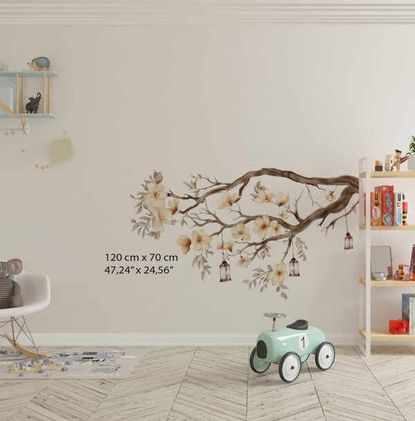 Floral fairy wall decals with a blooming branch and lanterns