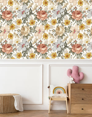 Floral removable wallpaper with big flowers - peel and stick design for kids room by Igibee