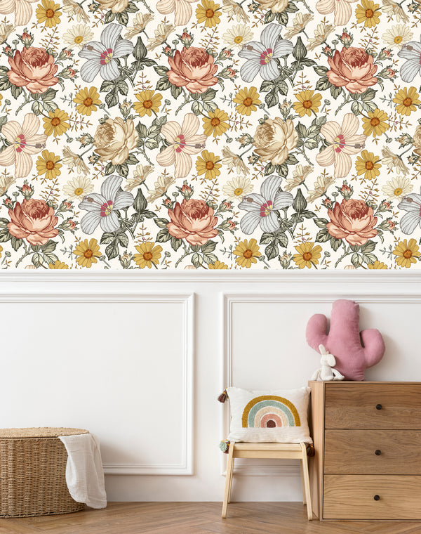 Floral removable wallpaper with big flowers - peel and stick design for kids room by Igibee