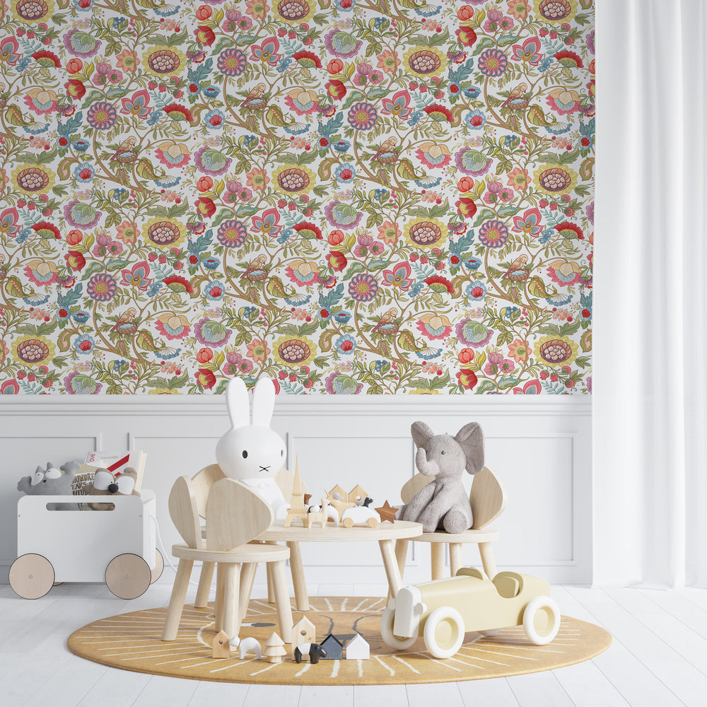 Floral wallpaper with botanical flowers - decorative wall covering for kids room by Igibee