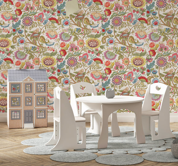 Floral wallpaper with botanical garden design - removable peel and stick for nursery decor by Igibee
