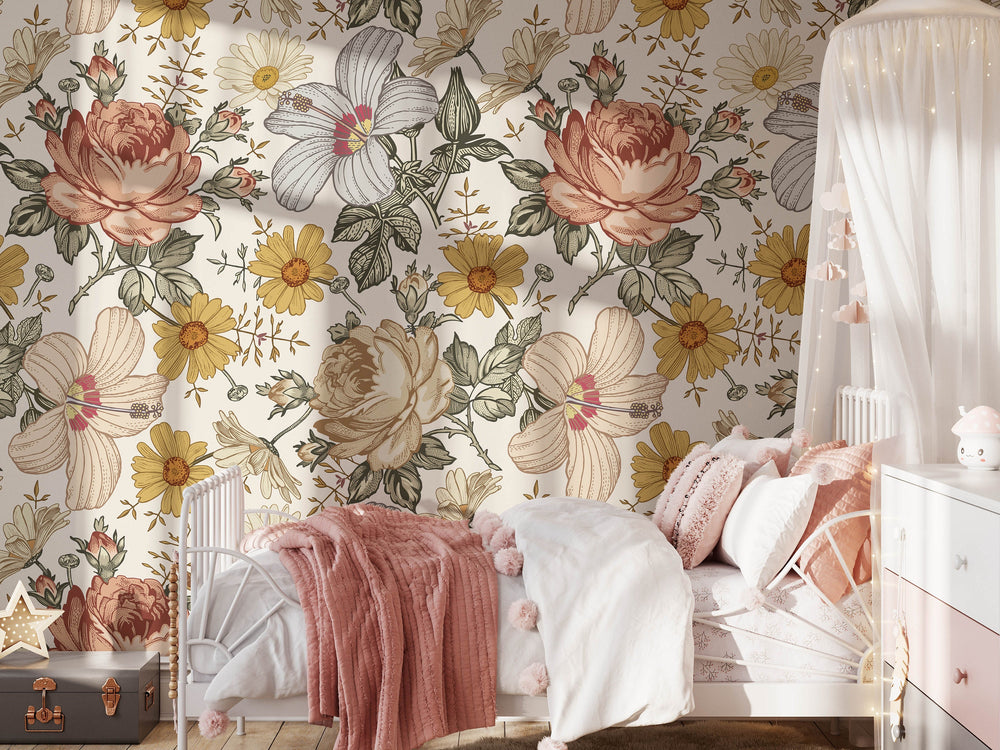 Luxurious large scale peony wallpaper floral wallpaper with intricate blooming peonies and botanical details in elegant pastel shades - boho wallpaper removable wallpaper peel stick wallpaper vintage flower mural