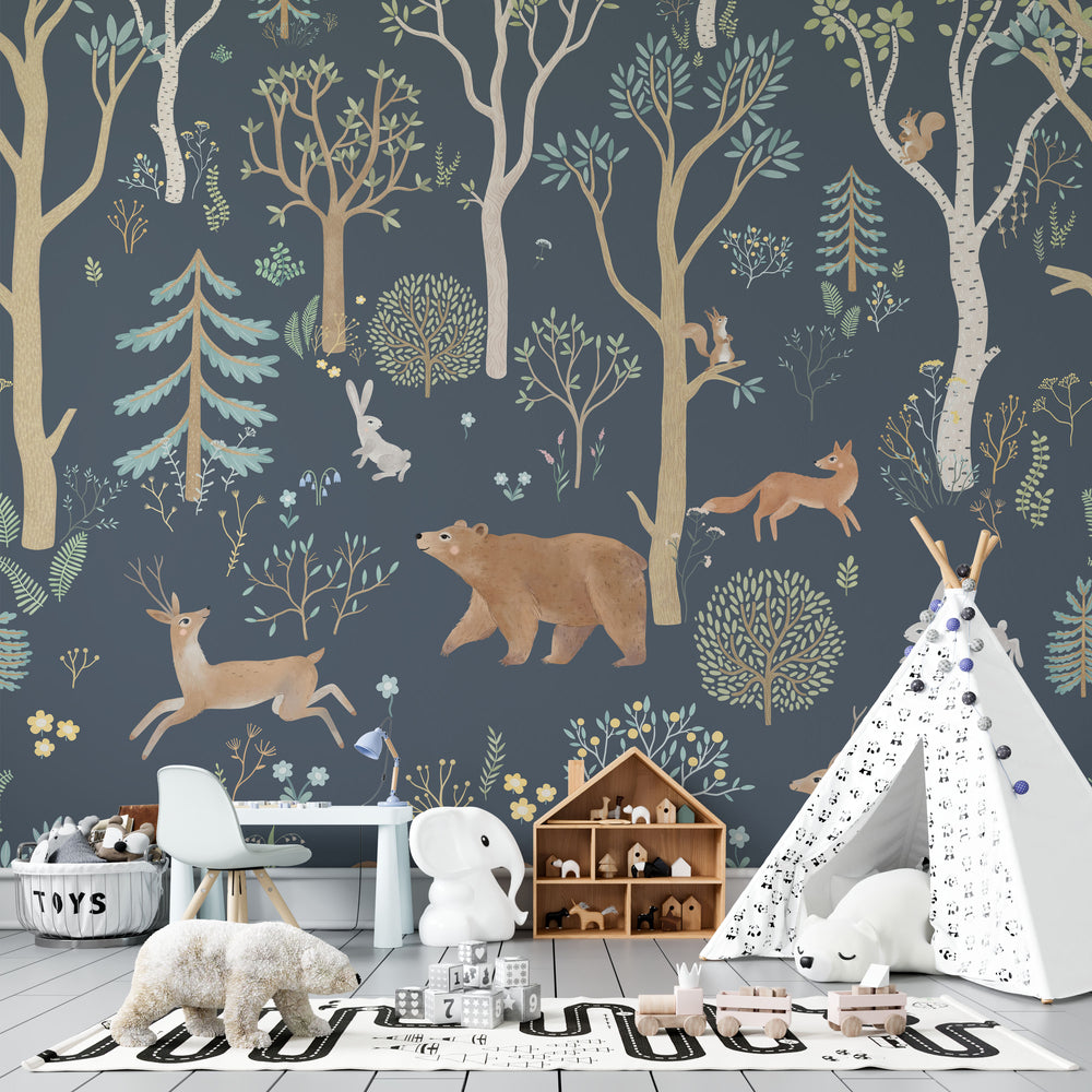 Children's wall mural with dark forest animals - premium wallpaper for kids room by Igibee