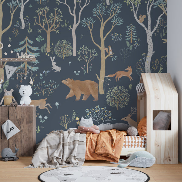 Forest animals dark wallpaper mural - mystical woodland creatures for children's bedroom by Igibee