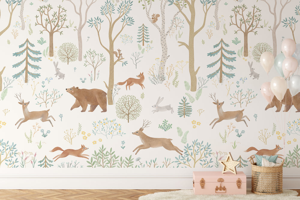 Forest Animals light children's wallpaper - soft pastel woodland creatures for nursery decor by Igibee