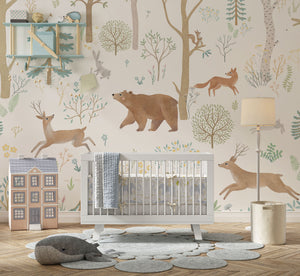 Forest Animals light children's wallpaper sample - soft woodland theme for kids bedroom by Igibee