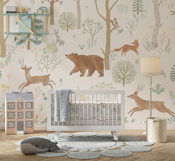 Forest Animals light children's wallpaper sample - soft woodland theme for kids bedroom by Igibee