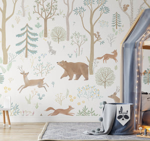 Forest Animals light wallpaper - soft woodland creatures design for children's bedroom decor by Igibee