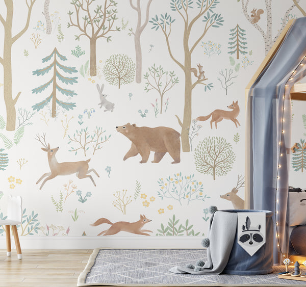 Forest Animals light wallpaper - soft woodland creatures design for children's bedroom decor by Igibee