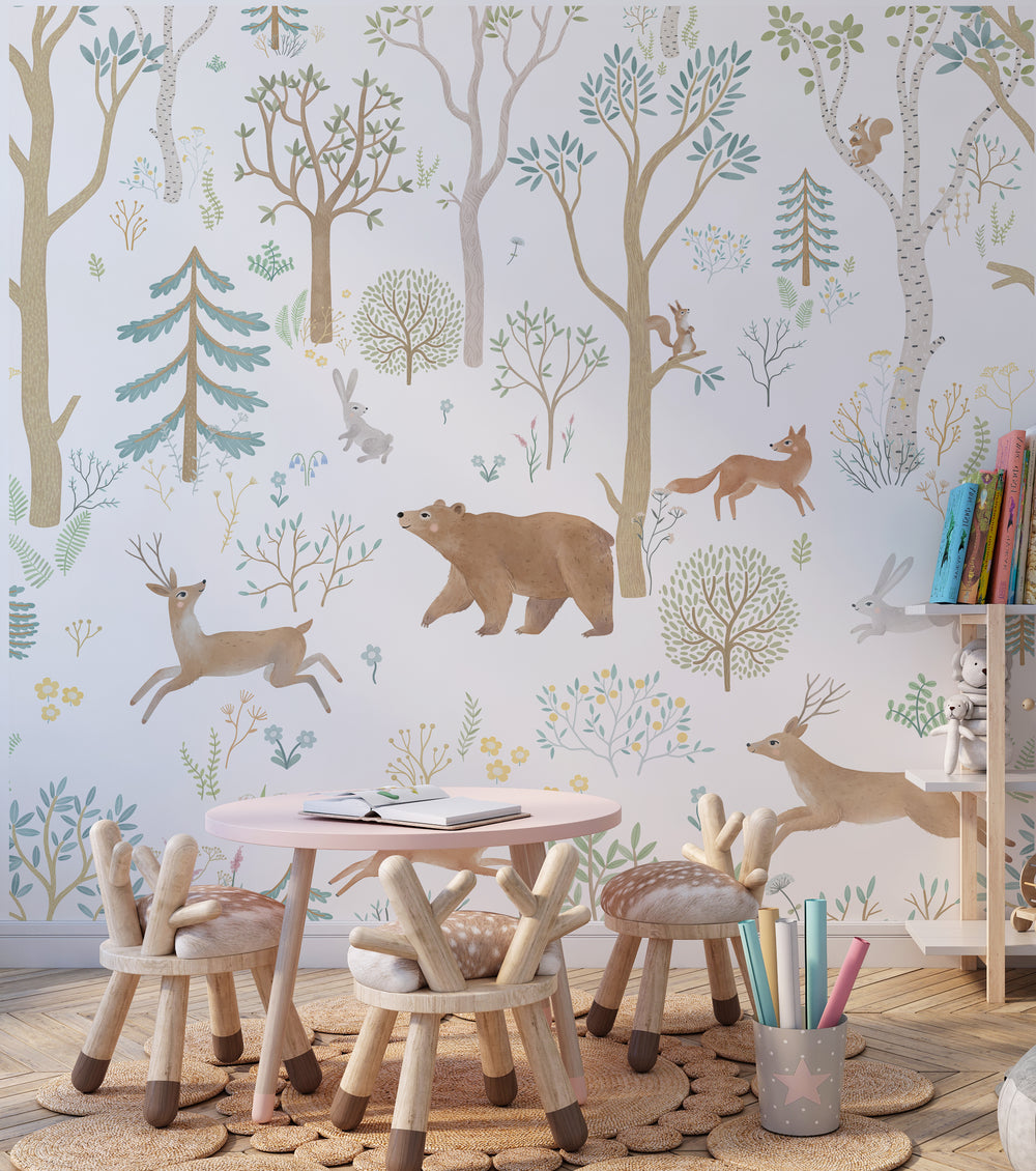 Forest Animals light children's wallpaper - soft pastel woodland creatures for nursery decor by Igibee