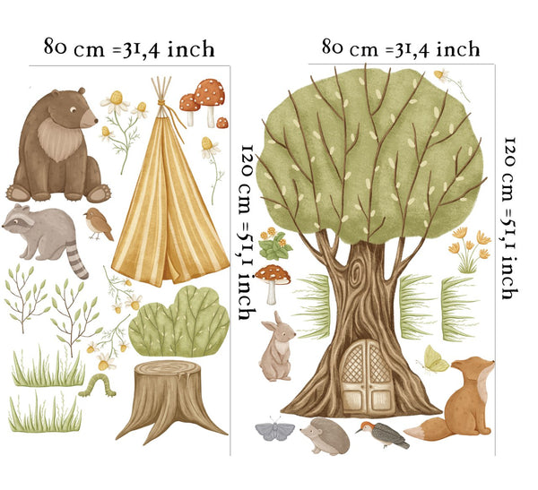 Forest camp educational wall decals set with woodland animals - adventure themed nursery decor by Igibee