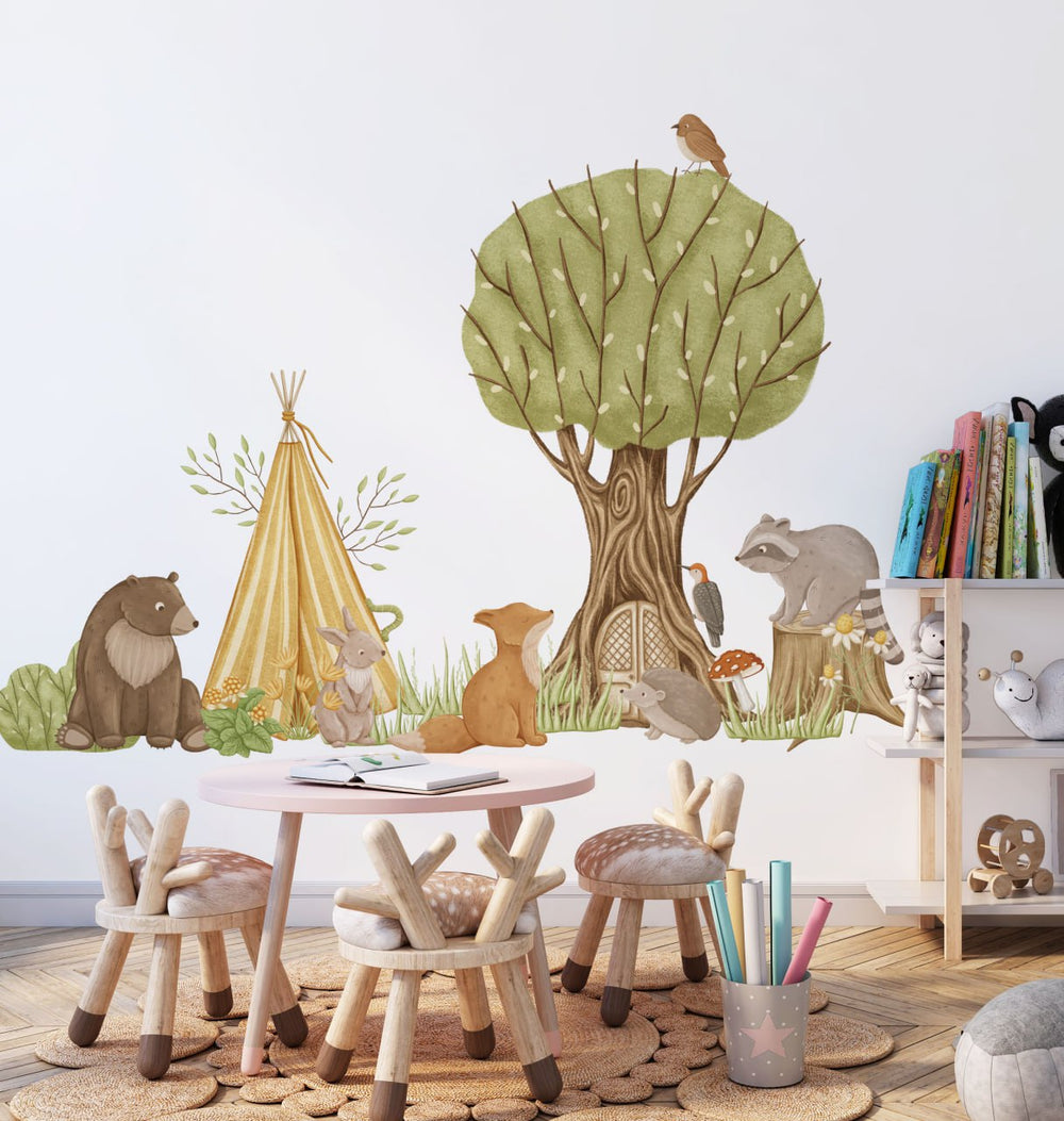 Forest camp wall decals with woodland animals - educational adventure nursery set peel and stick by Igibee
