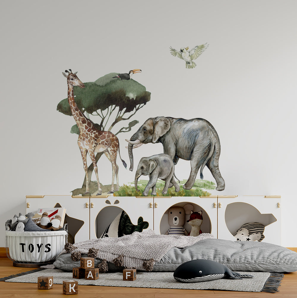 Giraffe and two elephants safari wall decal - peel and stick, savanna theme by Igibee