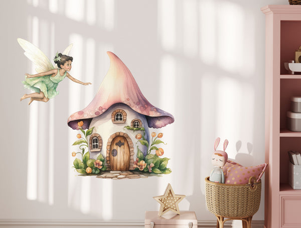 dreamy fairy mural, princess castle stickers, kids fairy decor, whimsical girls bedroom, fairytale princess nursery, fairy wings wall decal, fairy silhouette wall stickers, pastel girls bedroom wall decals, enchanted forest fairy decal,