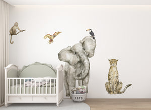 Graceful cheetah wall sticker with elephant, monkey and birds – beautiful African safari peel and stick decal for nursery by Igibee