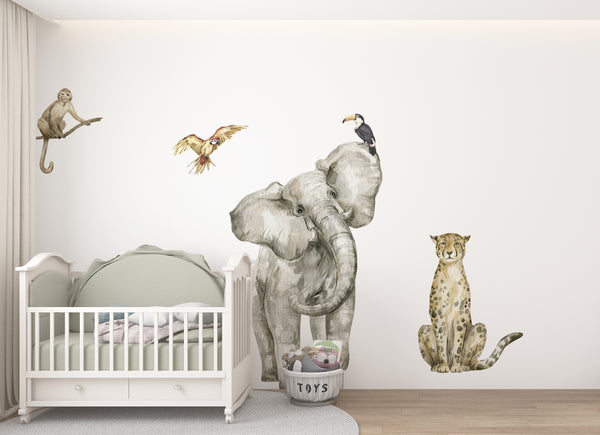Graceful cheetah wall sticker with elephant, monkey and birds – beautiful African safari peel and stick decal for nursery by Igibee