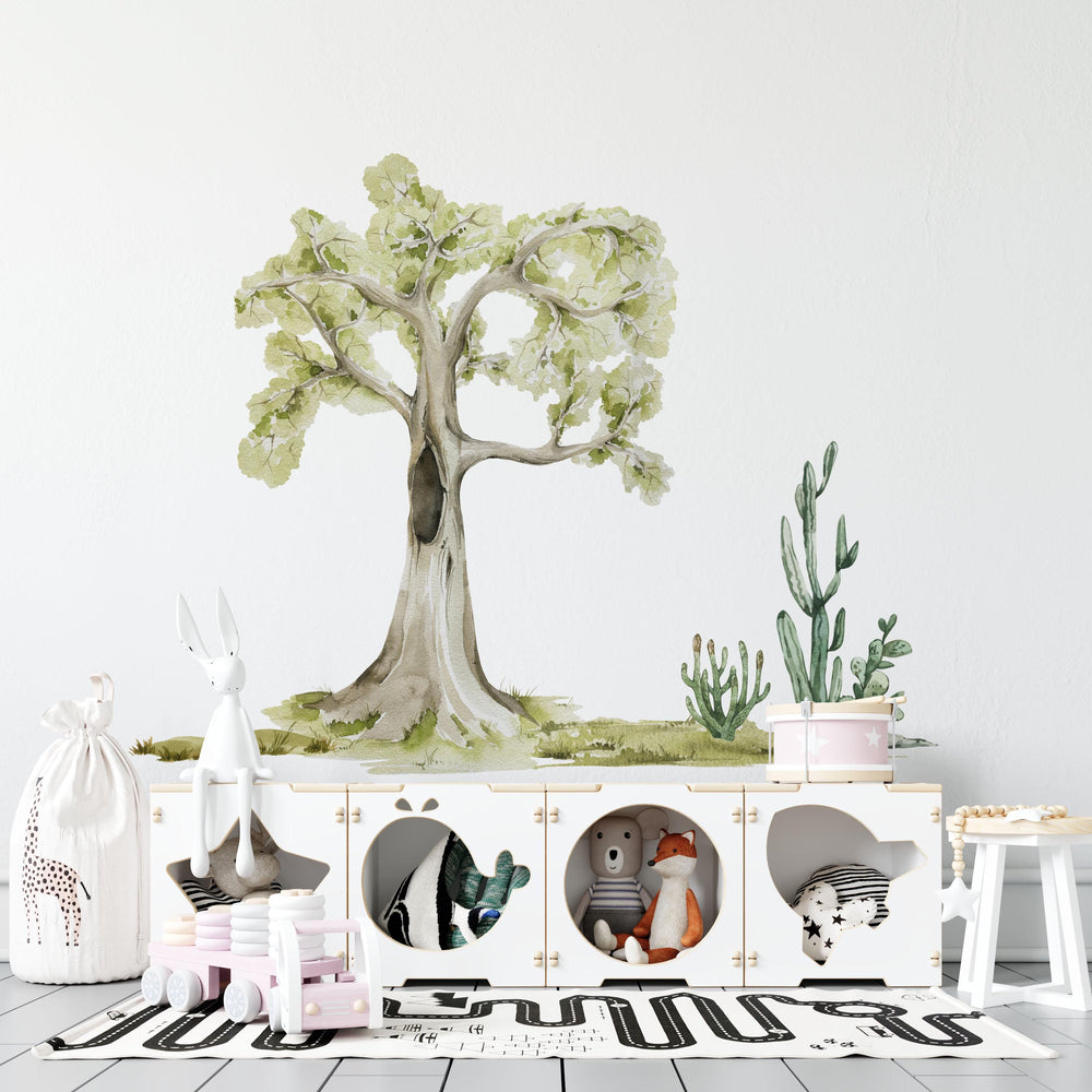 Green tree on desert with cactus wall decals - nature elements peel and stick for kids room by Igibee