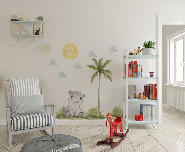 Happy Hippo African nursery wall decal under sunny sky – sweet peel and stick by Igibee
