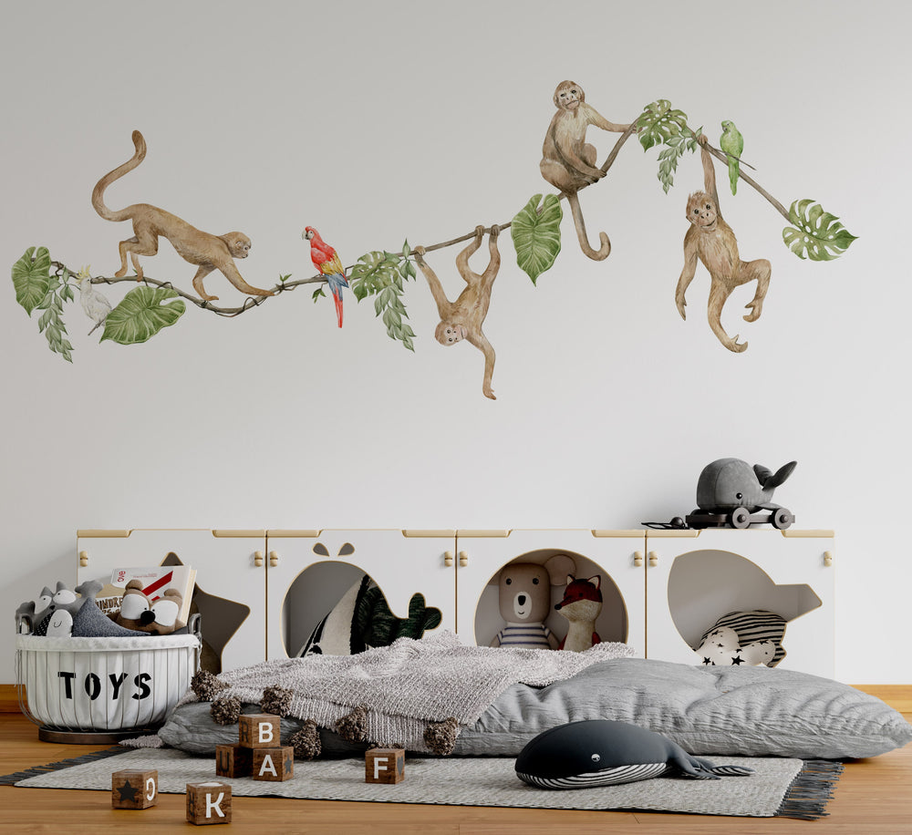 Happy Monkeys African jungle wall stickers set – playful monkeys and colorful parrots, peel and stick safari nursery decor by Igibee
