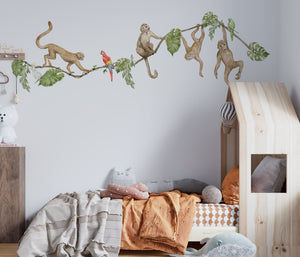 Happy Monkeys jungle scene wall decal set with parrots – energetic safari animals removable stickers for baby room by Igibee