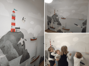 Harbor lighthouse at sunset children's wallpaper - custom nautical design for kids bedroom by Igibee