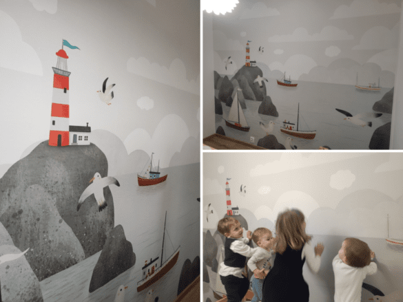 Harbor lighthouse at sunset children's wallpaper - custom nautical design for kids bedroom by Igibee