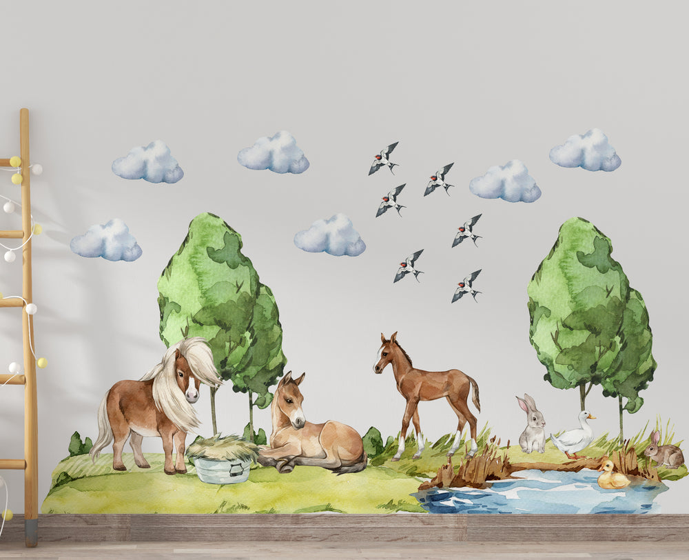 Horses by the pond wall stickers - farm animals collection peel and stick decals for kids room by Igibee