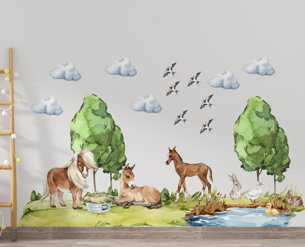Horses by the pond wall stickers - farm animals collection peel and stick decals for kids room by Igibee