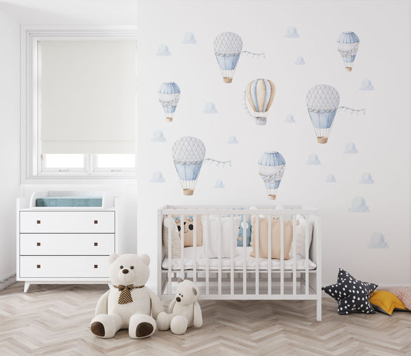 Hot air balloons white yellow with fluffy clouds - adventure nursery wall decals for kids room by Igibee
