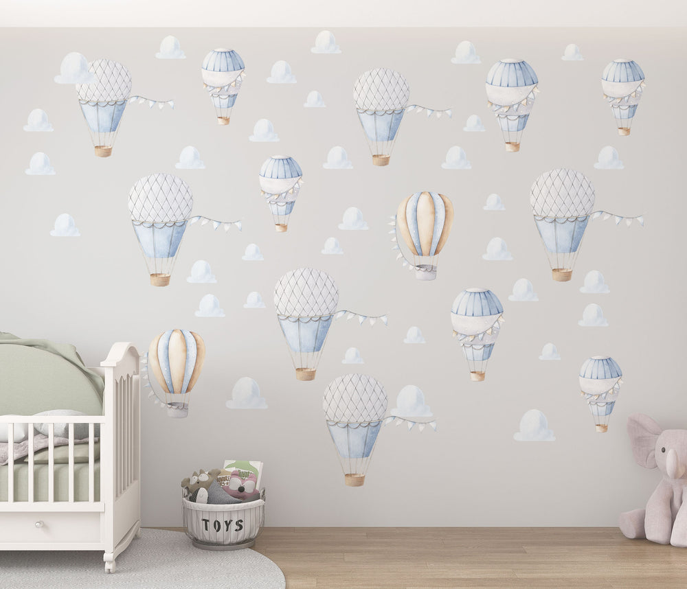 Hot air balloons white and yellow with clouds wall decals - education adventure nursery decor by Igibee
