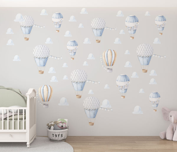 Hot air balloons white and yellow with clouds wall decals - education adventure nursery decor by Igibee