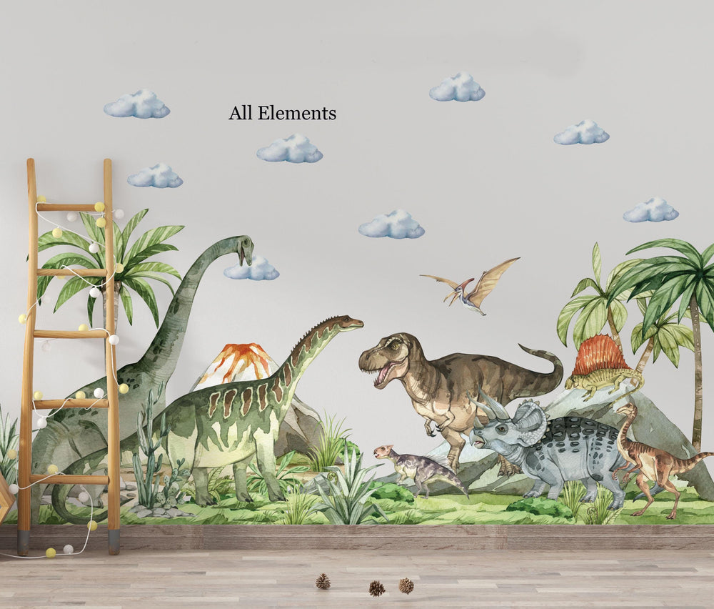Huge Dinosaur Wall Decal set with sauropods, T-Rex, triceratops and volcanoes - prehistoric adventure stickers by Igibee