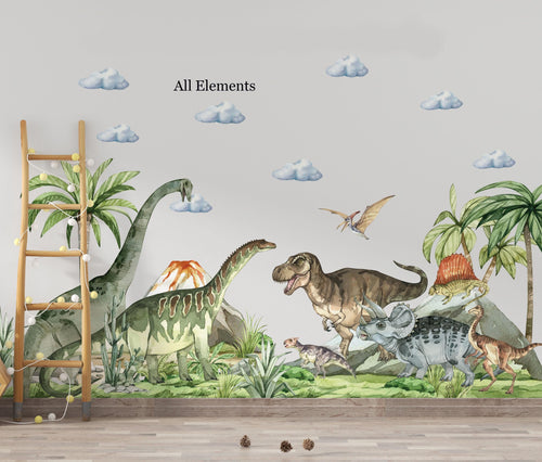 Huge Dinosaur Wall Decal set with sauropods, T-Rex, triceratops and volcanoes - prehistoric adventure stickers by Igibee