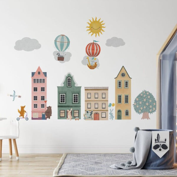 Magic animal town wall decal scene with fox and hot air balloons by Igibee