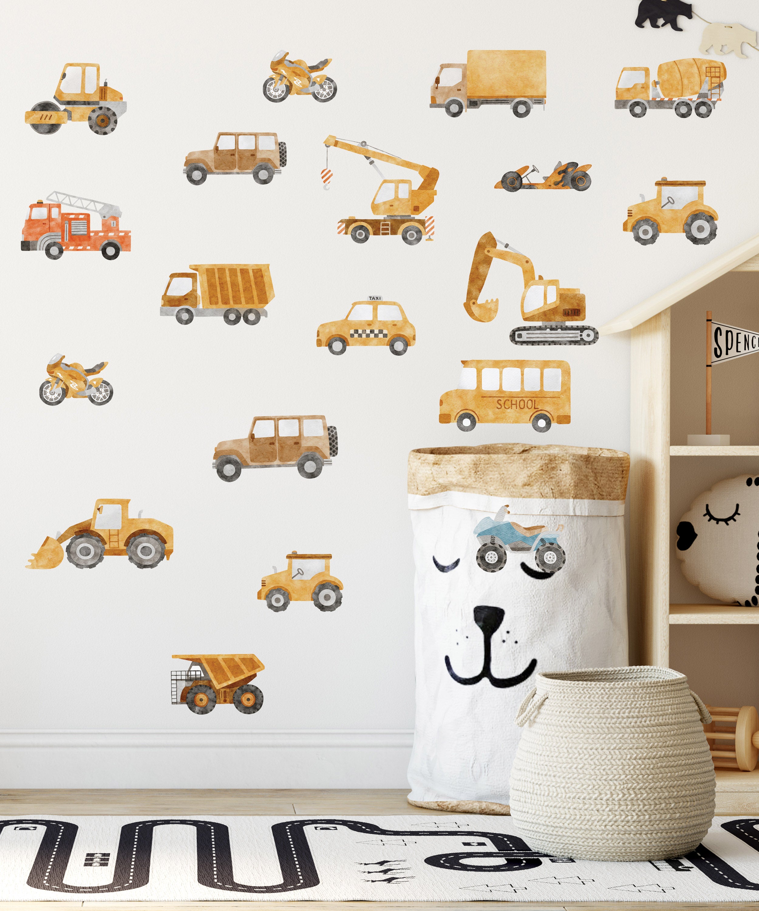 Boy's room decorated with igibee cars and excavators wall decals