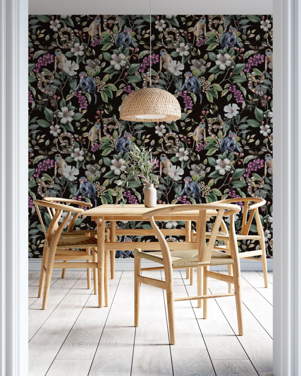Dark jungle wallpaper with monkeys and botanical flowers by Igibee