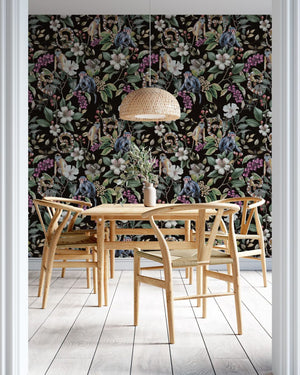 Dark jungle wallpaper with monkeys and botanical flowers by Igibee