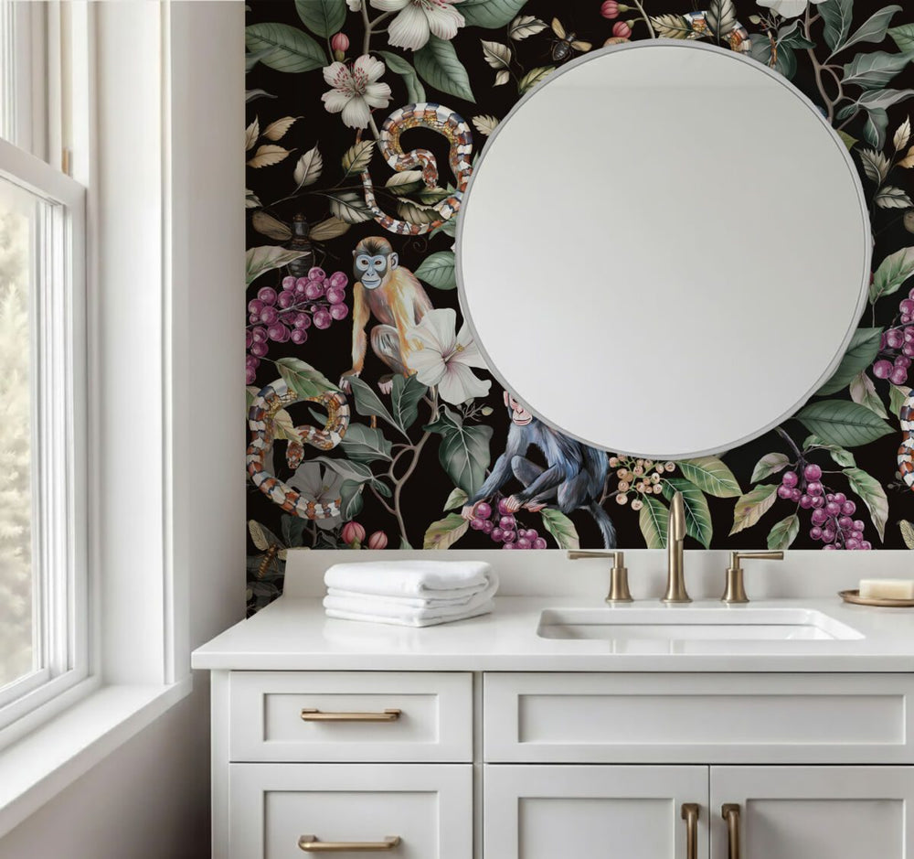 Dark jungle wallpaper with monkeys and botanical flowers by Igibee