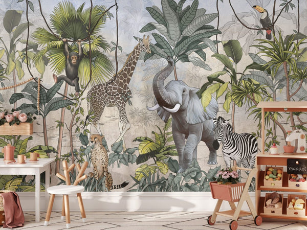 Safari wallpaper with African wildlife mural for kids room by Igibee