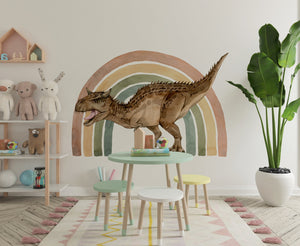 Karnotaurus dinosaur with rainbow wall decals - colorful prehistoric theme for kids bedroom by Igibee