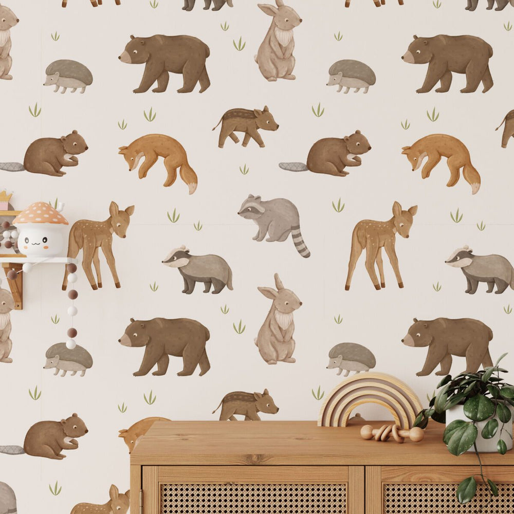 Forest animals watercolor wallpaper for nursery room by Igibee