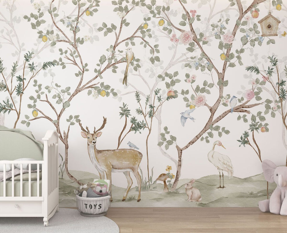 Chinoiserie forest animals watercolor wallpaper for kids room by Igibee
