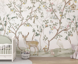 Watercolor chinoiserie wallpaper mural in kids room by Igibee