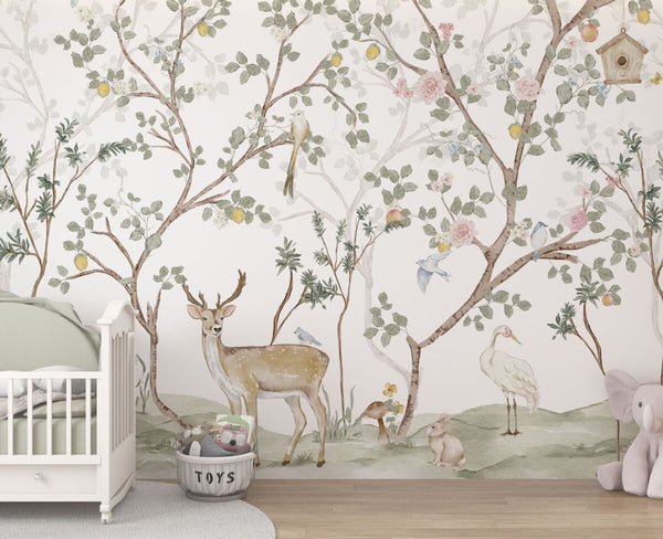 Watercolor chinoiserie wallpaper mural in kids room by Igibee