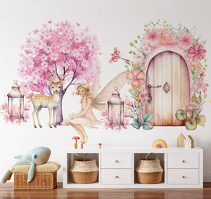 Fairy and blooming cherry tree wall decals in pink pastels, nursery wall stickers by Igibee