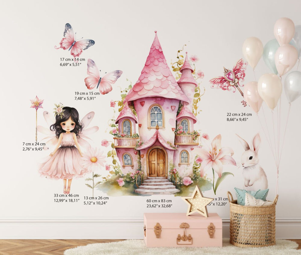 Magisches Feenschloss Wandtattoo mit rosa Schloss, Fee und weißem Häschen von Igibee