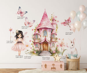 Kids room wall stickers with a pink fairy castle and butterflies