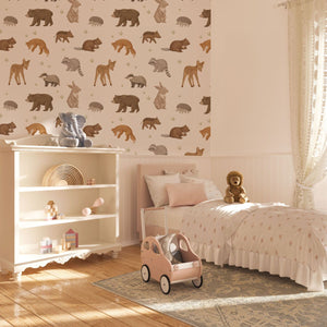 Watercolor forest animals wallpaper detail for kids room by Igibee