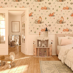 Sleeping foxes wallpaper detail with rabbit and hedgehog by Igibee