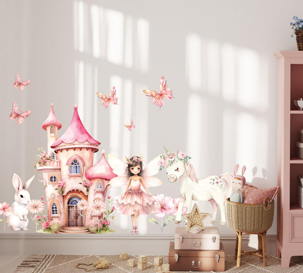 girls fairy tale wall decals, magical girls room decor, girly wall art stickers, dreamy girls bedroom decal, wall decals baby girl, wall stickers baby nursery, fairy princess nursery decor, enchanted princess wall stickers